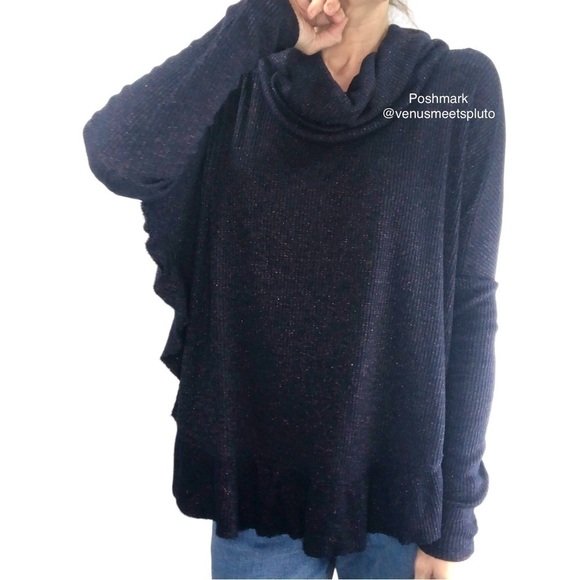 Anthropologie Post Mark Orley Sweater Ruffled Metallic XS S Wo's Navy Feminine - Picture 2 of 7